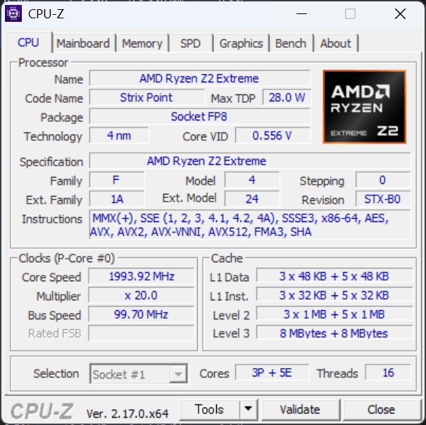 AMD Ryzen Z2 ExtremeのCPU-Zの画像