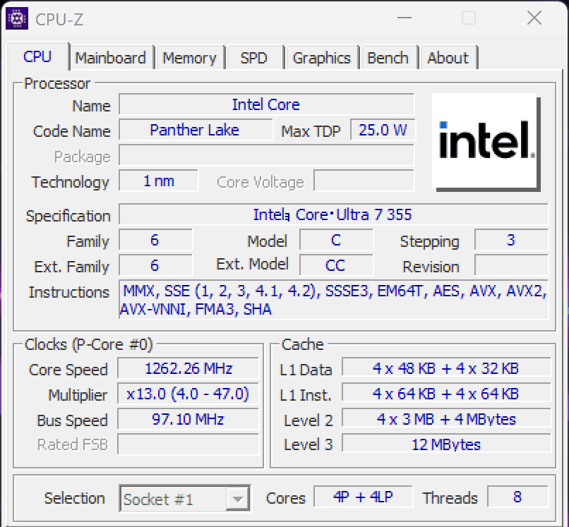 Intel Core Ultra 7 355（Panther Lake）を表示したCPU‑Zのスクリーンショット。1nmプロセス、最大25W TDP、AVX512対応、L1・L2・L3キャッシュ構成など詳細なCPUスペックが確認できる画面。