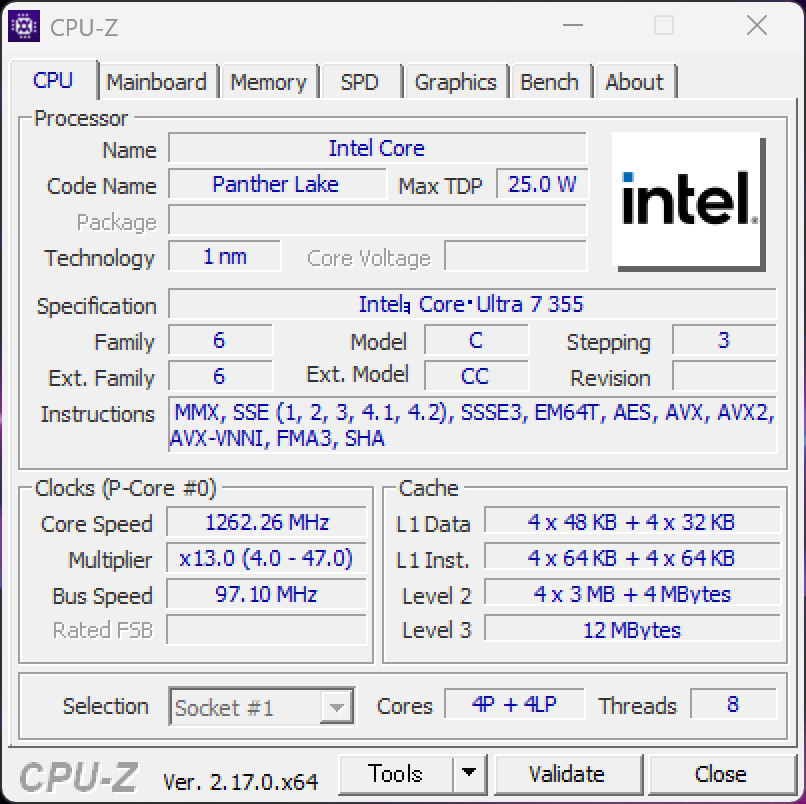 Intel Core Ultra 7 355(Panther Lake)を表示したCPU‑Zのスクリーンショット。1nmプロセス、最大25W TDP、AVX512対応、L1・L2・L3キャッシュ構成など詳細なCPUスペックが確認できる画面。