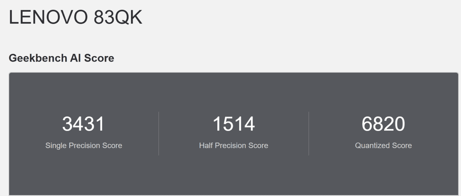 Core Ultra 7 355 Geekbench AI計測結果、単精度3431、半精度1514、量子化スコア6820