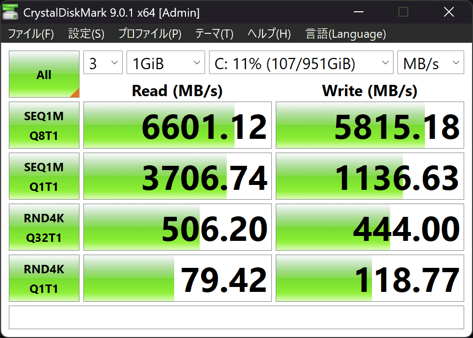 Lenovo Yoga Slim 7i Ultra Gen 11 Aura Edition(14型 Intel)　シーケンシャル速度計測結果。リード6601MB秒、ライト5815MB/秒
