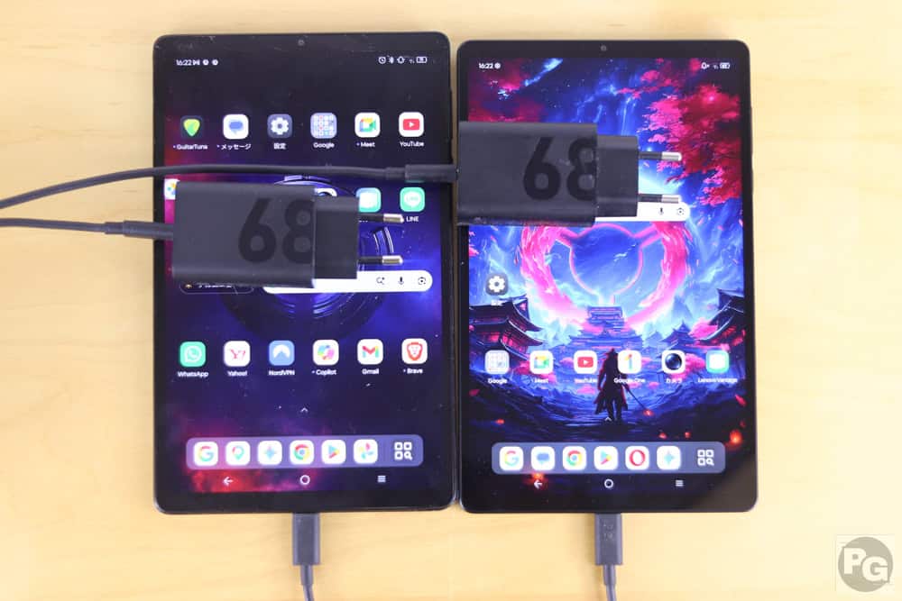 Legion Tab 8.8 3と5を68Wアダプタで充電し、充電速度を計測。Gen 5は5分で7％、Gen 3は9％充電