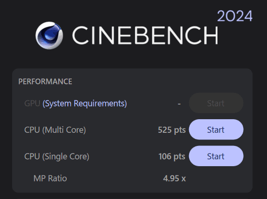 ASUS Zenbook 14 (UM3406) Ryzen7 AI 445 Cinebench 2024計測結果。マルチコア525、シングルコア106