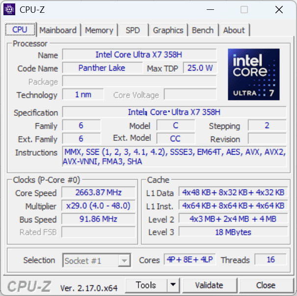 Core Ultra X7 358H　CPU-Z内容