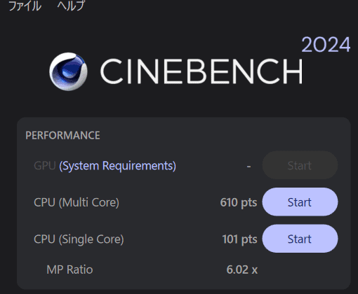 IdeaPad Slim 5a Gen 11 14 AMD Cinebench 2024計測結果。マルチコア610、シングルコア101