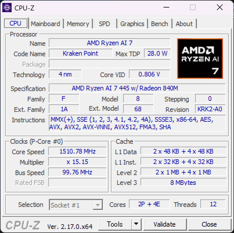 Ryzen AI 7 445　CPU-Z