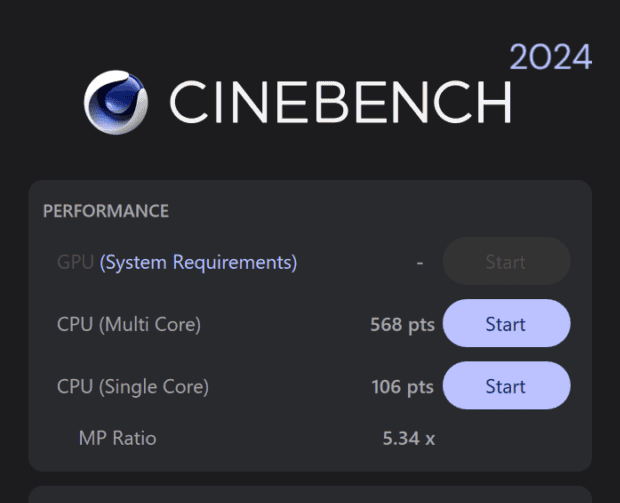 Ryzen AI 7 445 Cinebench 2024計測結果・マルチコア568、シングルコア106