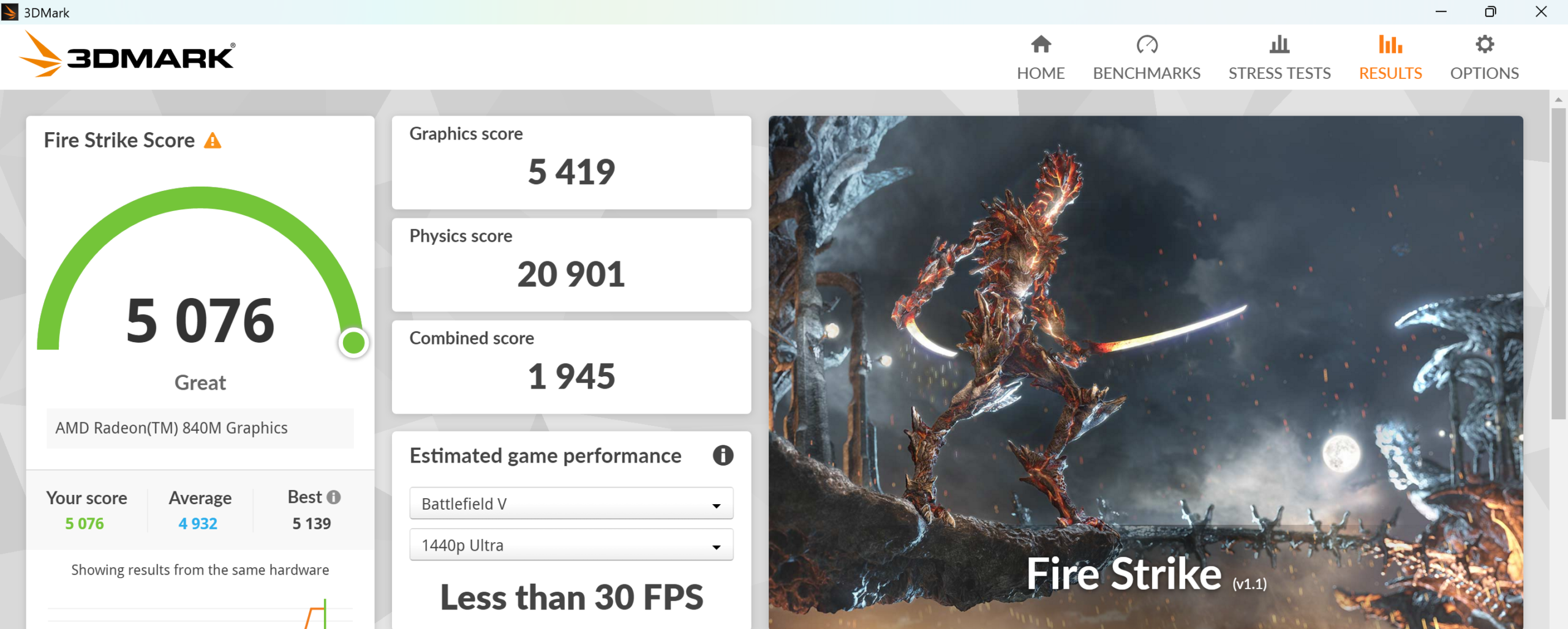 Ryzen AI 7 445 Fire strike計測結果5076