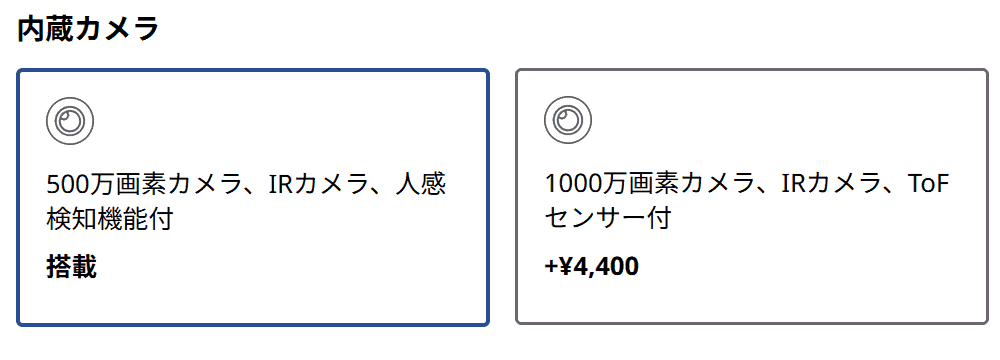ThinkPad X1 Carbon Gen 14のカスタマイズ画面。カメラの仕様と価格が見える