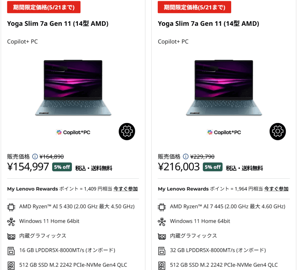 Lenovo Yoga Slim 7a Gen 11(14型 AMD)　セール価格154,997円