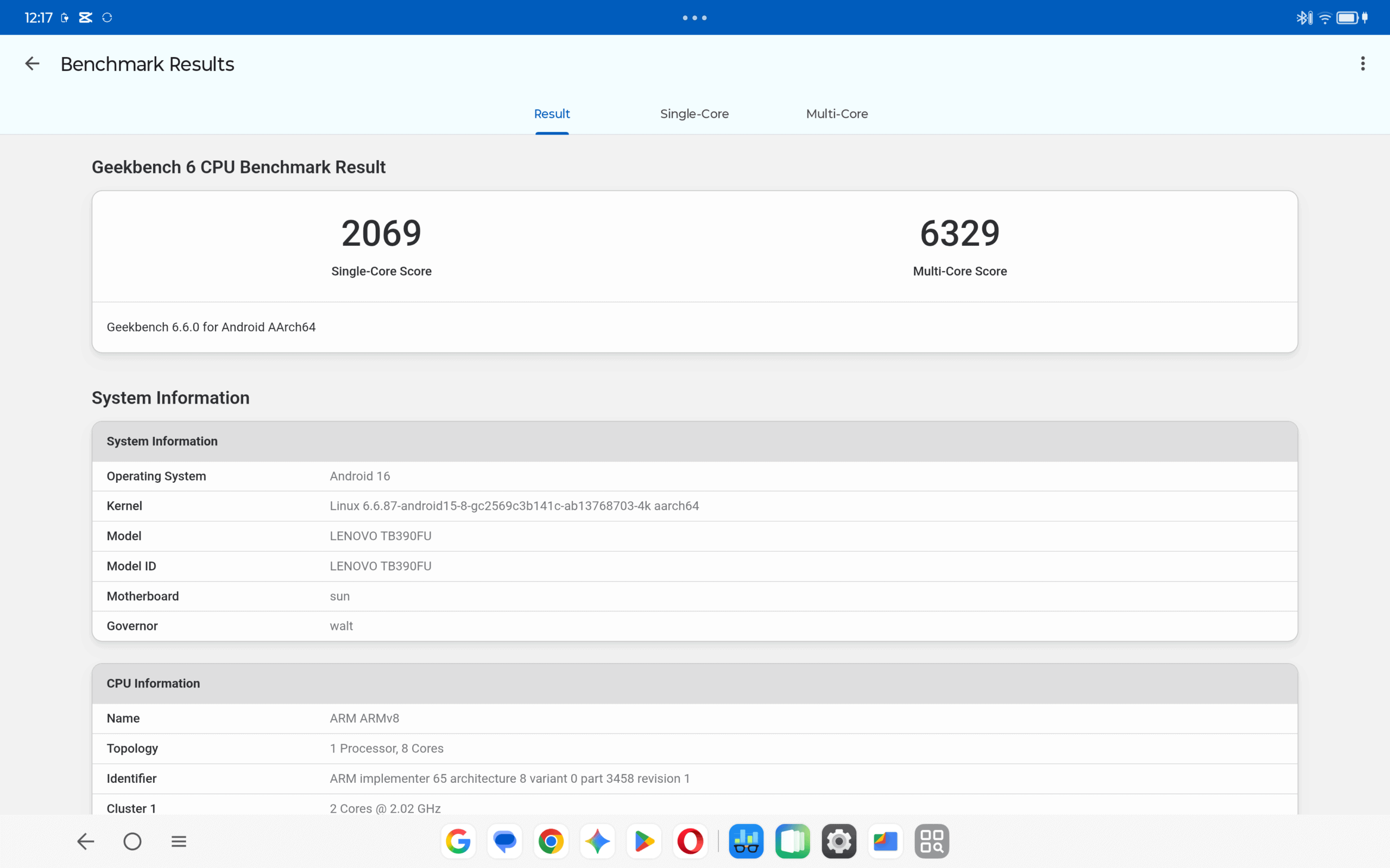 Lenovo Idea Tab Pro Gen 2　Geekbench 6を計測。シングルコア2069、マルチコア6329