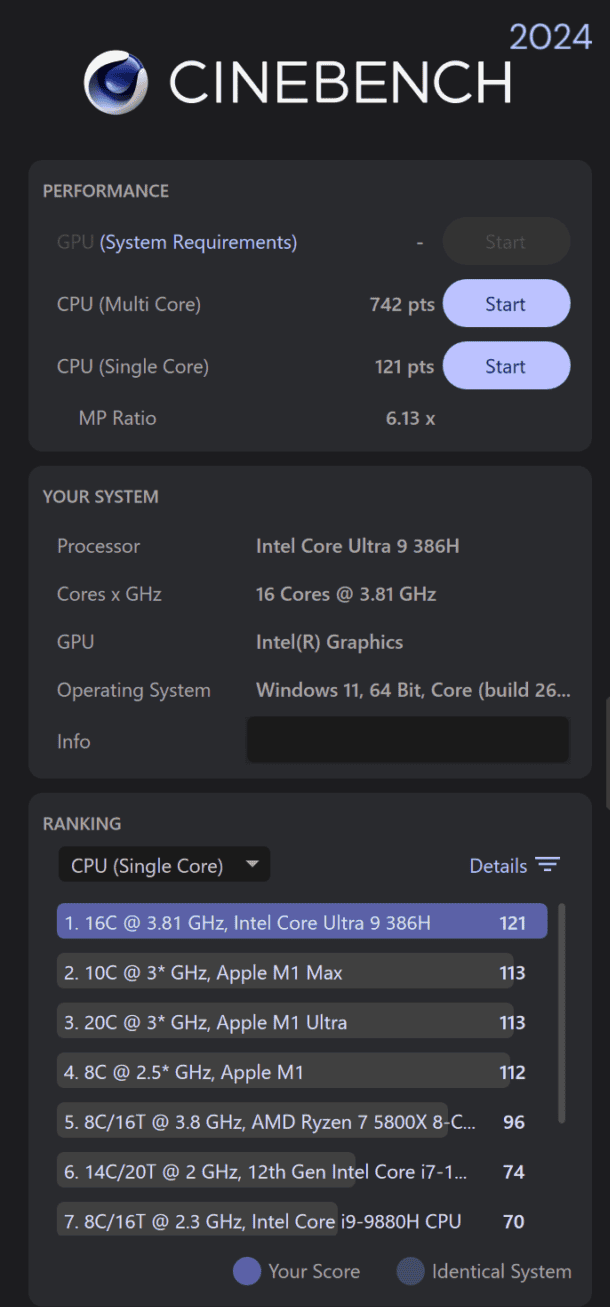 ASUS Zenbook S14 Core Ultra 9 386H Cinebench 2024計測結果