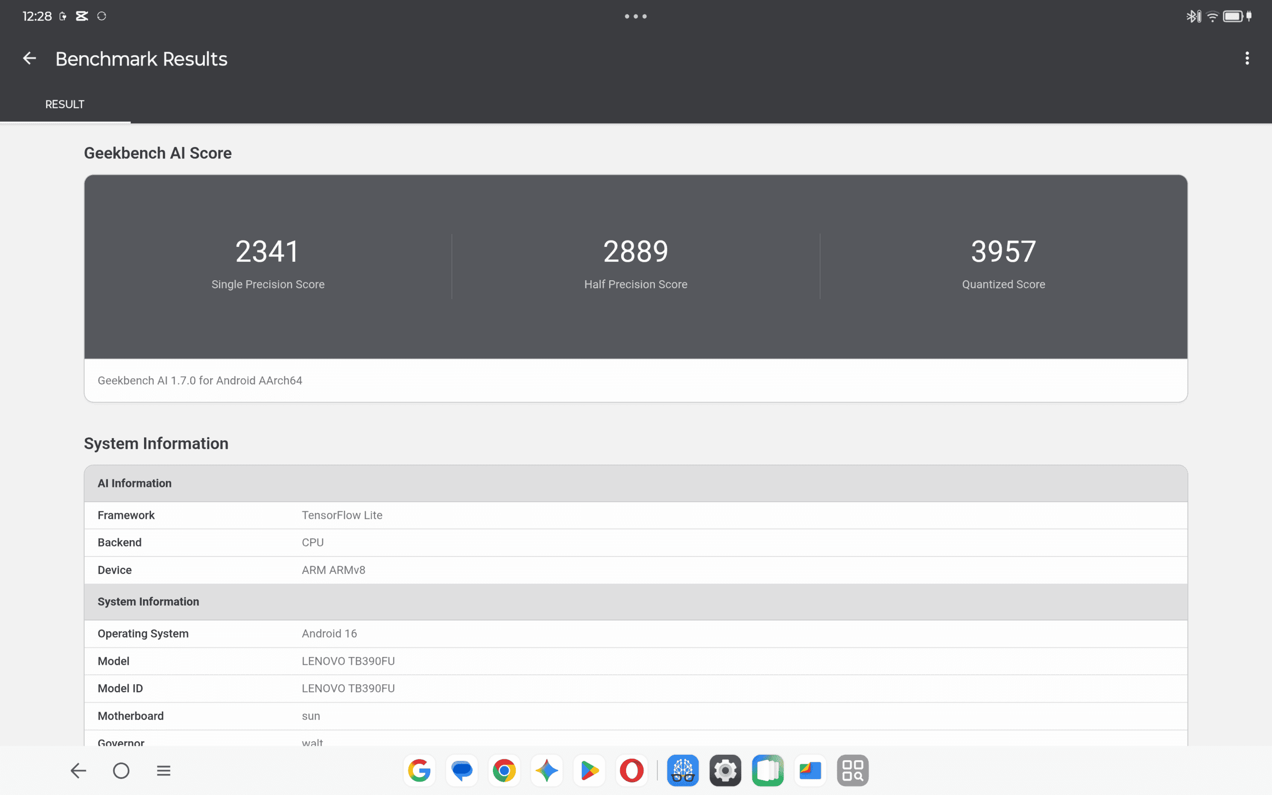 Lenovo Idea Tab Pro Gen 2　Geekbench AIの計測結果。単精度2341、半精度は2889、量子化スコアは3957