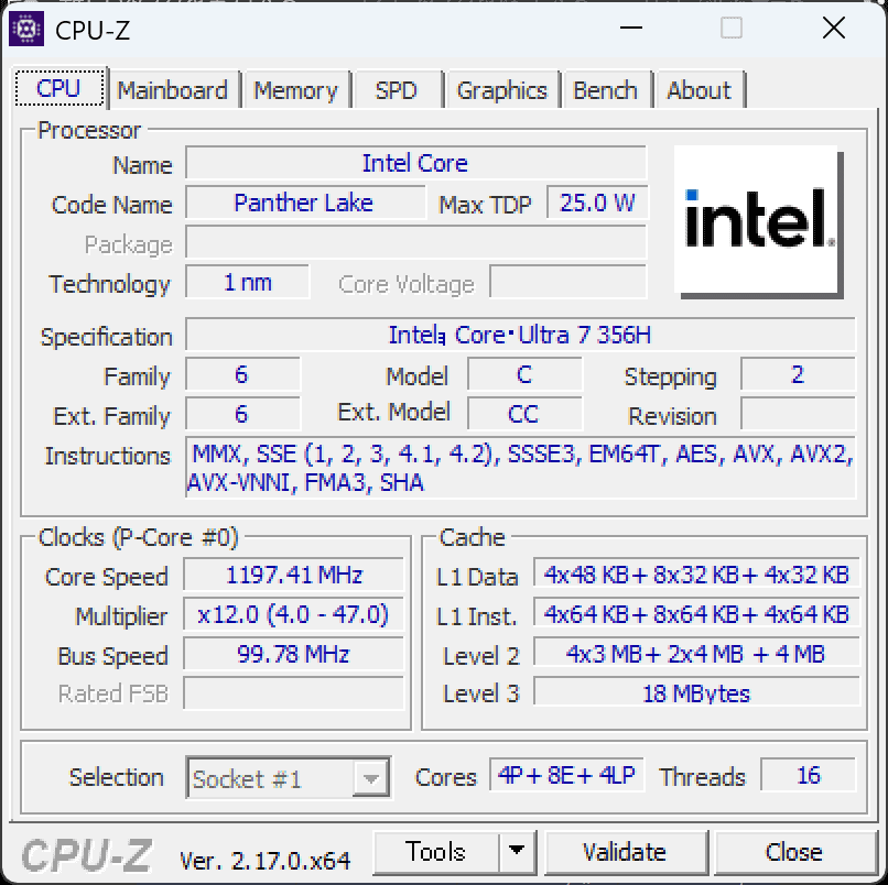 Core Ultra 7 356H CPU-Z