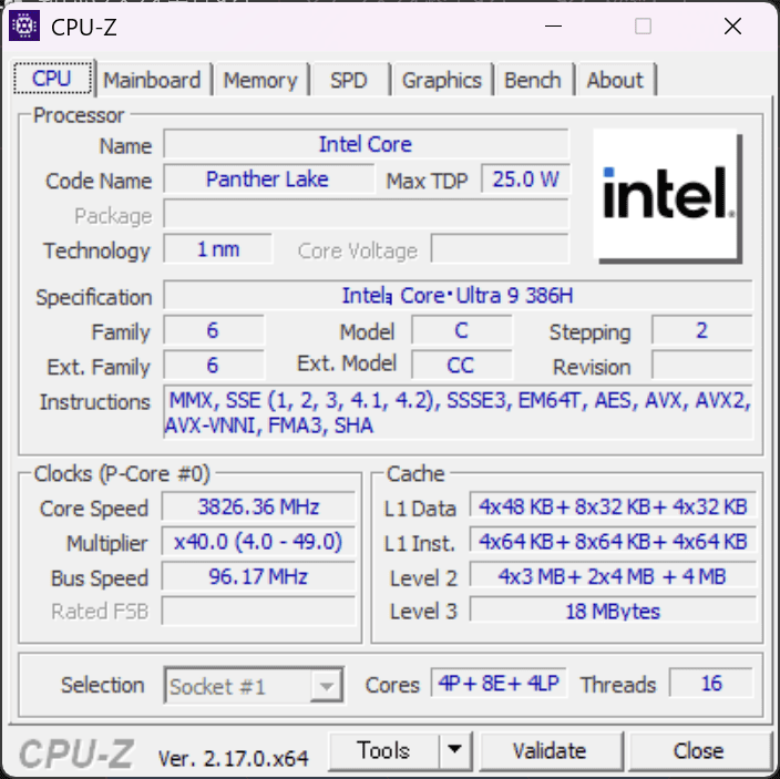 Core Ultra 9 386H CPU-Z