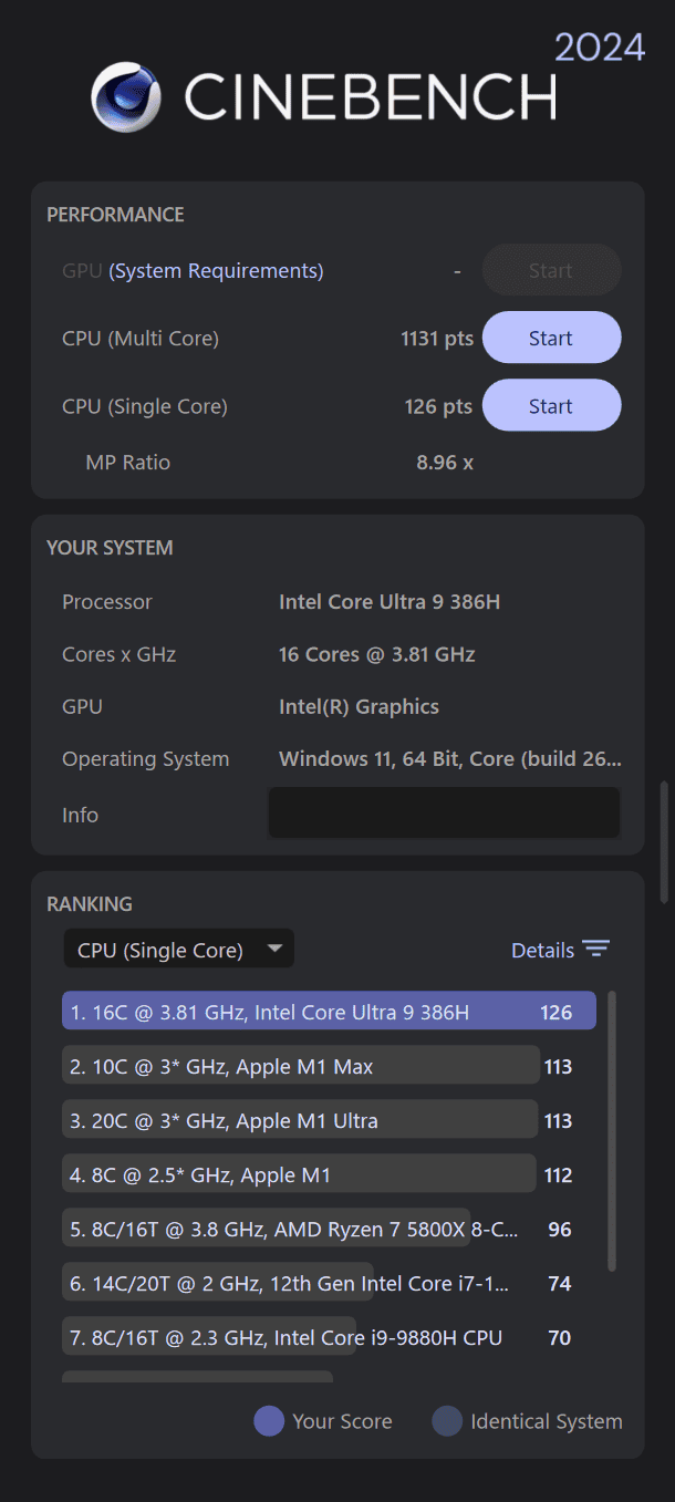 Core Ultra 9 386H Cinebench 2024計測結果