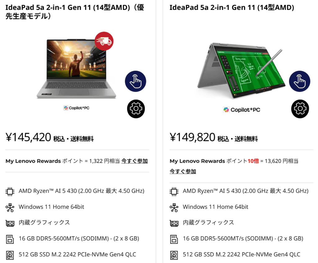 IdeaPad 5a 2-in-1 Gen 11(14型 AMD）セール価格145420円