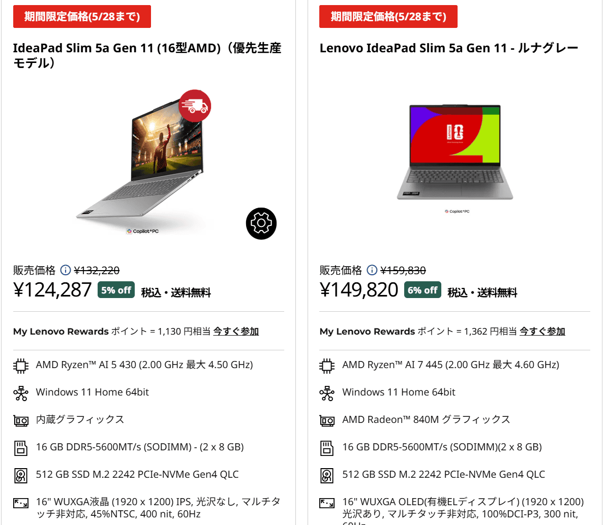 IdeaPad Slim 5a Gen 11(16型 AMD)セール価格124,287円