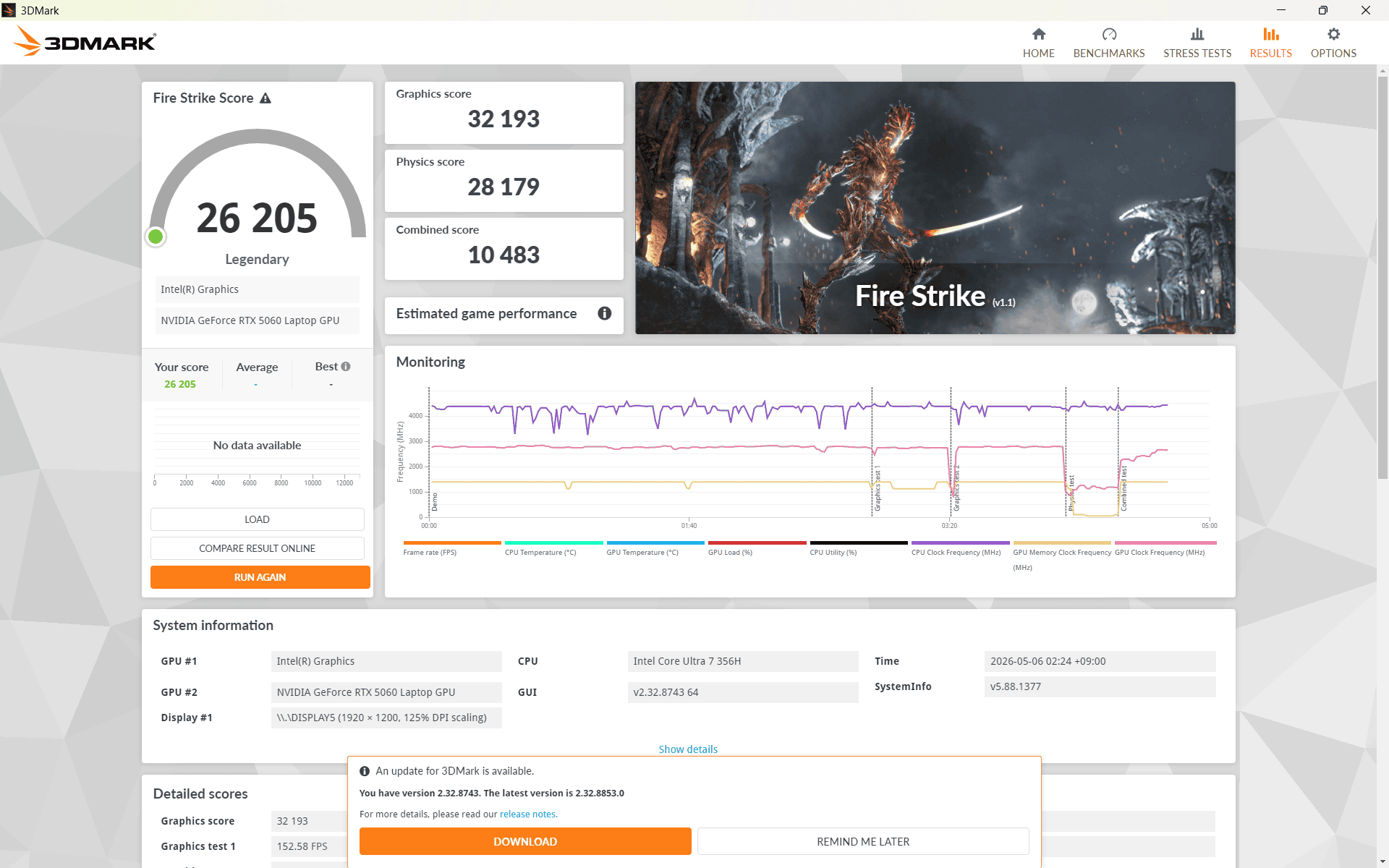 Lenovo LOQ 15IPH11 (15.3型 Intel)　Fire Strike計測結果26205
