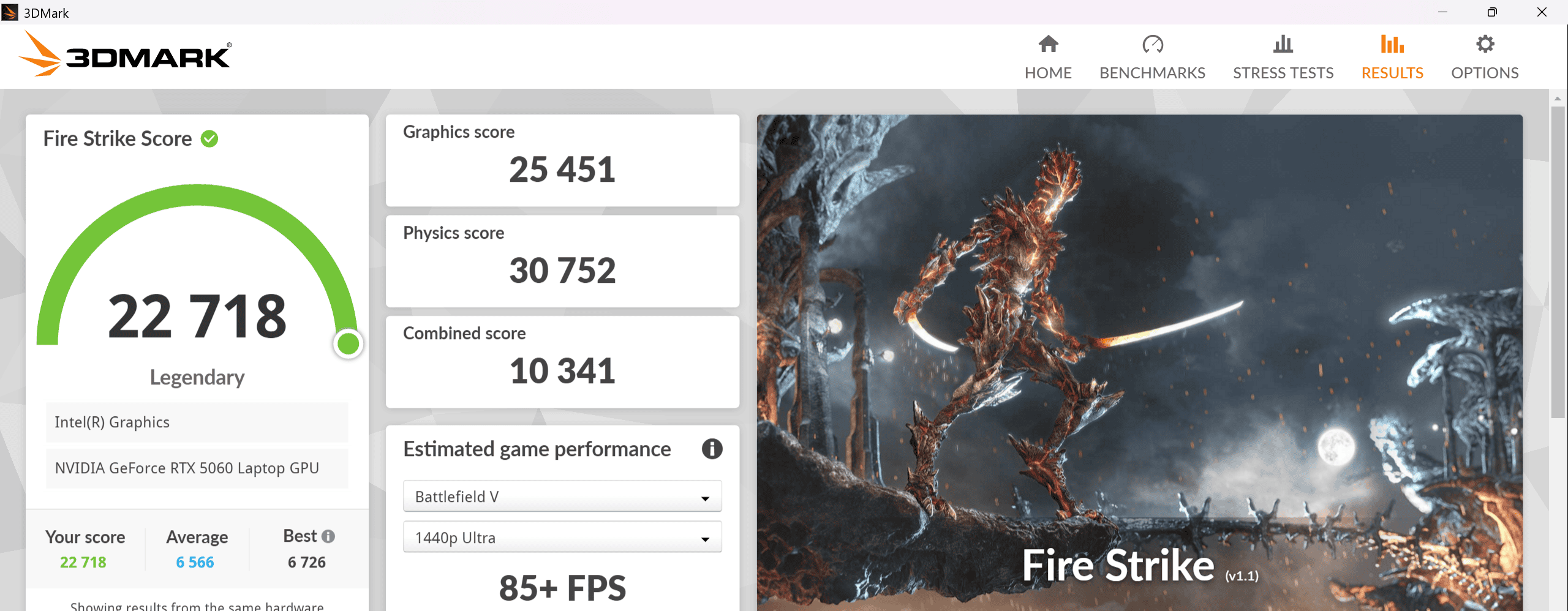 Lenovo Yoga Pro 7i Gen 11 Aura Edition(15.3型 Intel) Fire Strike　バランスモードでの計測結果22718