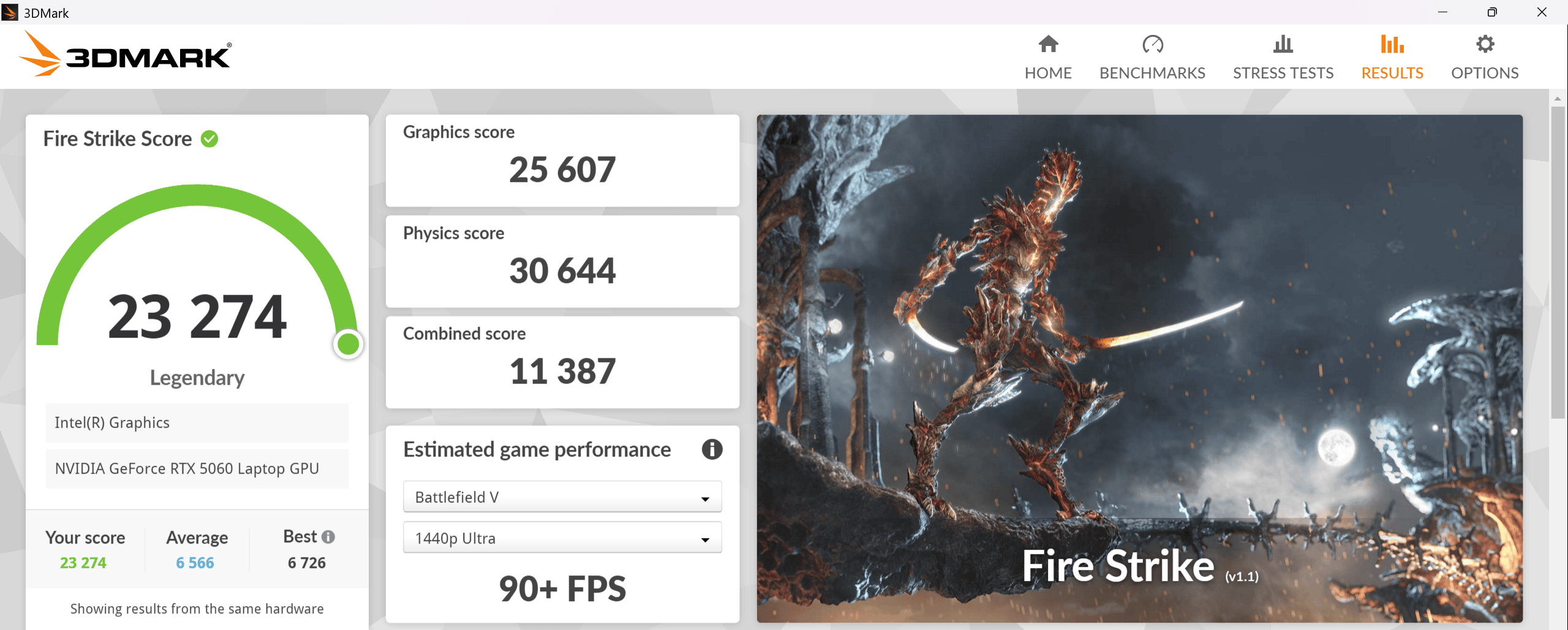Lenovo Yoga Pro 7i Gen 11 Aura Edition(15.3型 Intel) Fire Strike　パフォーマンスモードでの計測結果23274