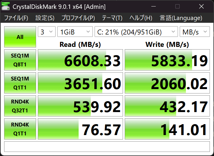 Lenovo Yoga Pro 7i Gen 11 Aura Edition(15.3型 Intel)シーケンシャル速度計測結果。リード6608MB/秒、ライト5833MB/秒