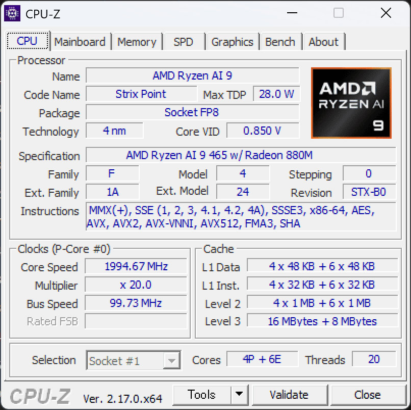 Ryzen AI 9 465 CPU-Z