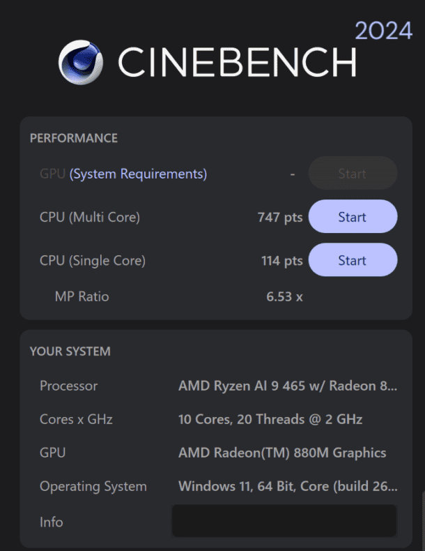 Ryzen AI 9 465 Cinebench 2024計測結果・マルチコア747、シングルコア114