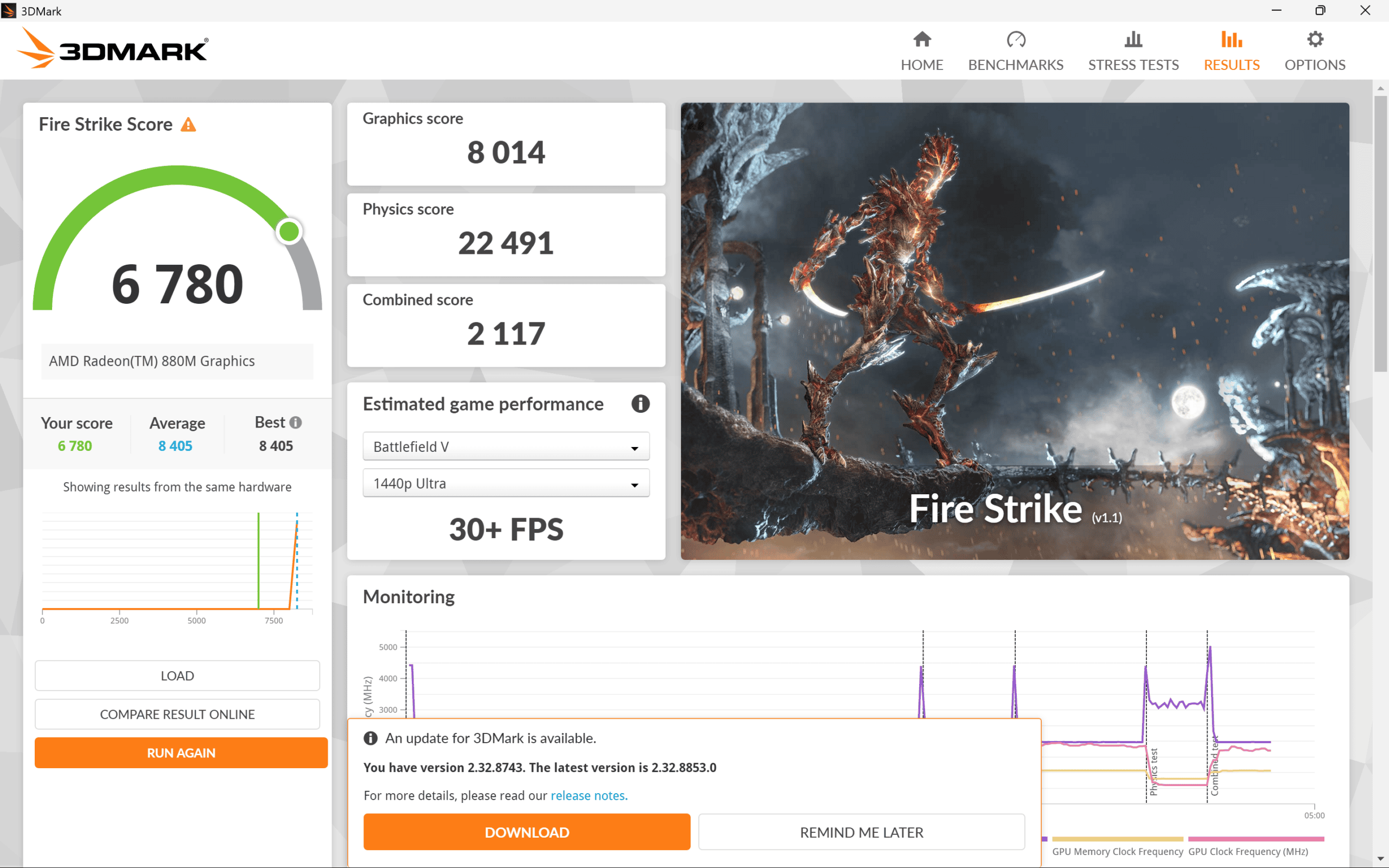 Ryzen AI 9 465 Fire Strike計測結果6780
