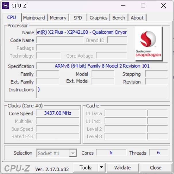 Snapdragon® X2 Plus X2P-42-100　CPU-Z