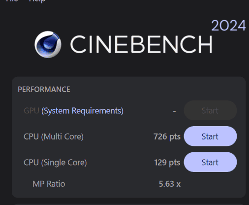 Lenovo IdeaPad Slim 5x Gen 11 (13.3型 Snapdragon)　Snapdragon X2 Plus X2P-42-100 Cinebench 2024計測結果マルチコア726、シングルコア129