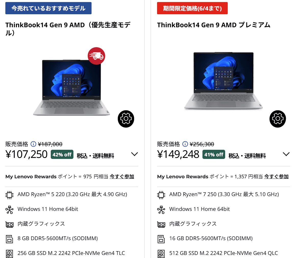 ThinkBook 14 Gen 9 (AMD)　セール価格107,250円