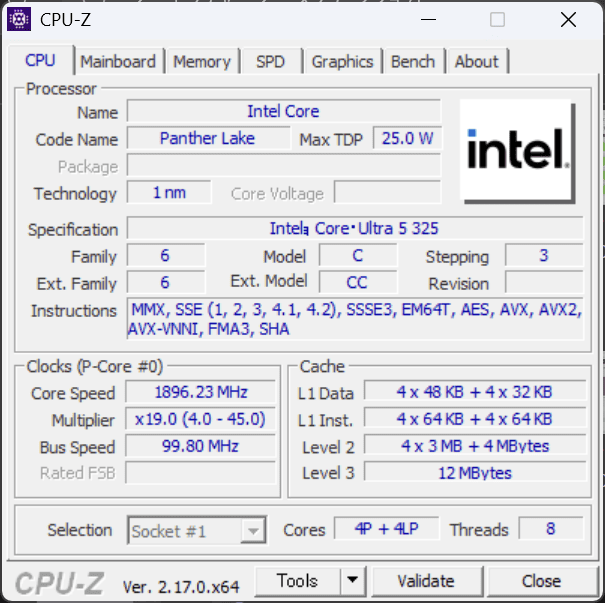 Lenovo ThinkPad X1 Carbon Gen 14 ​Aura Edition Core Ultra 5 325 CPU-Z