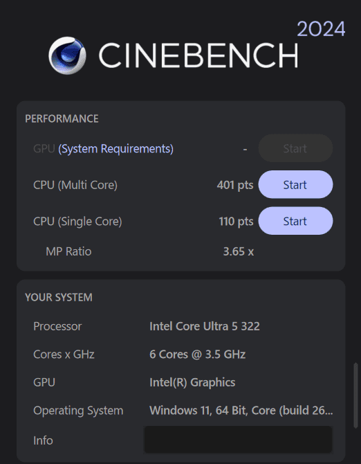 Core Ultra 5 322 Cinebench 2024計測結果。マルチコア401、シングルコア110