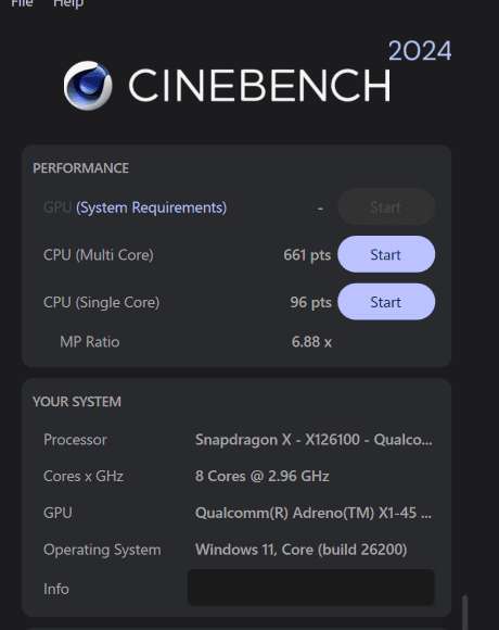 HP OmniBook 3 16-bz Snapdragon X X1-26-100 Cinebench 2024係争結果。マルチコア661、シングルコア96