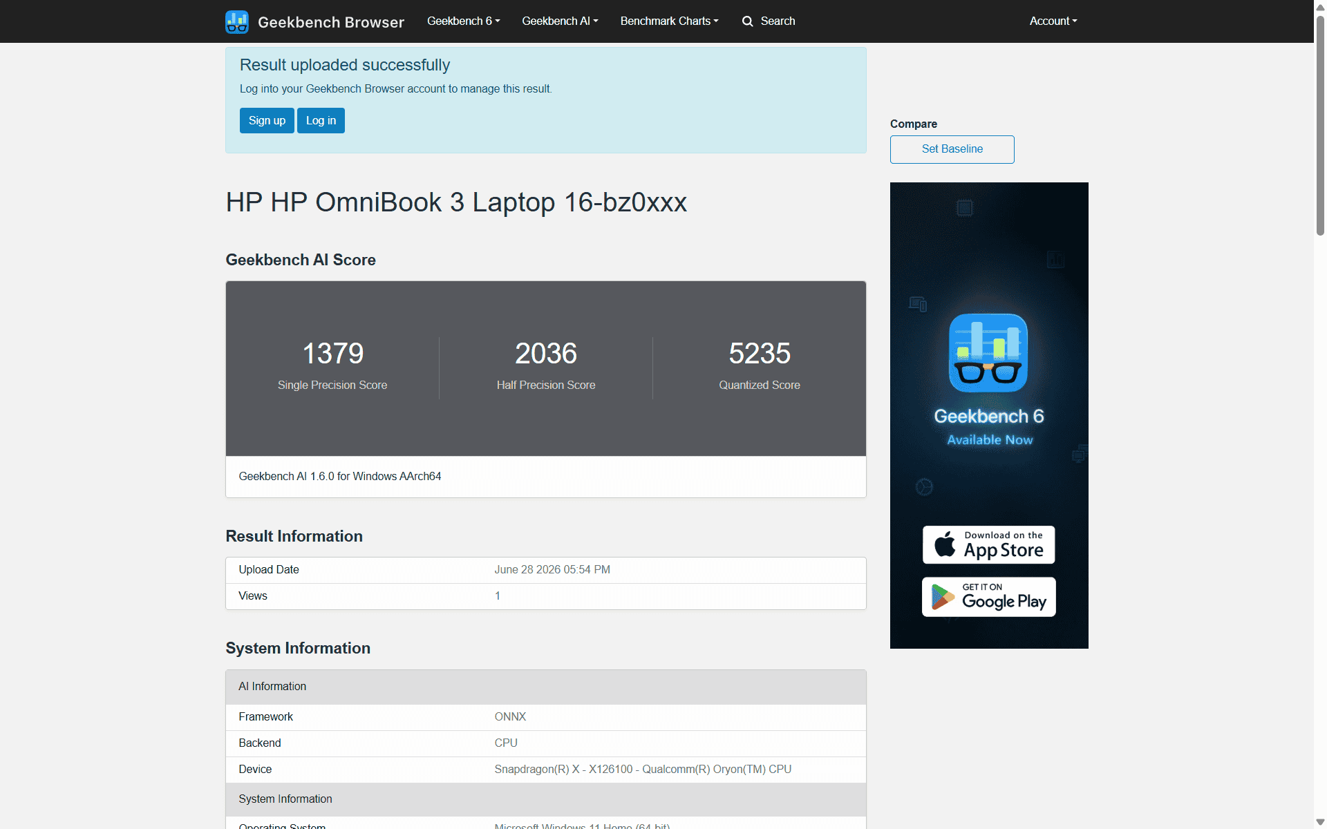 HP OmniBook 3 16-bz Snapdragon X X1-26-100 Geekbench AI計測結果。単精度1379、半精度2036、量子化5235