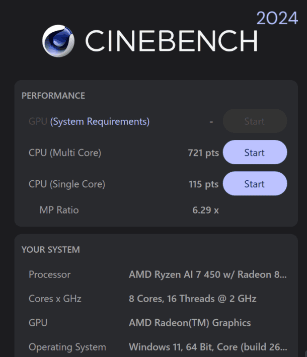 HP OmniBook X Flip 14-kc Ryzen AI 7 450 Cinebench 2024計測結果。マルチコア721、シングルコア115