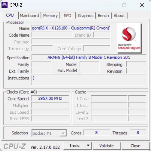 HP OmniBook 3 16-bz Snapdragon X X1-26-100 CPU-Z