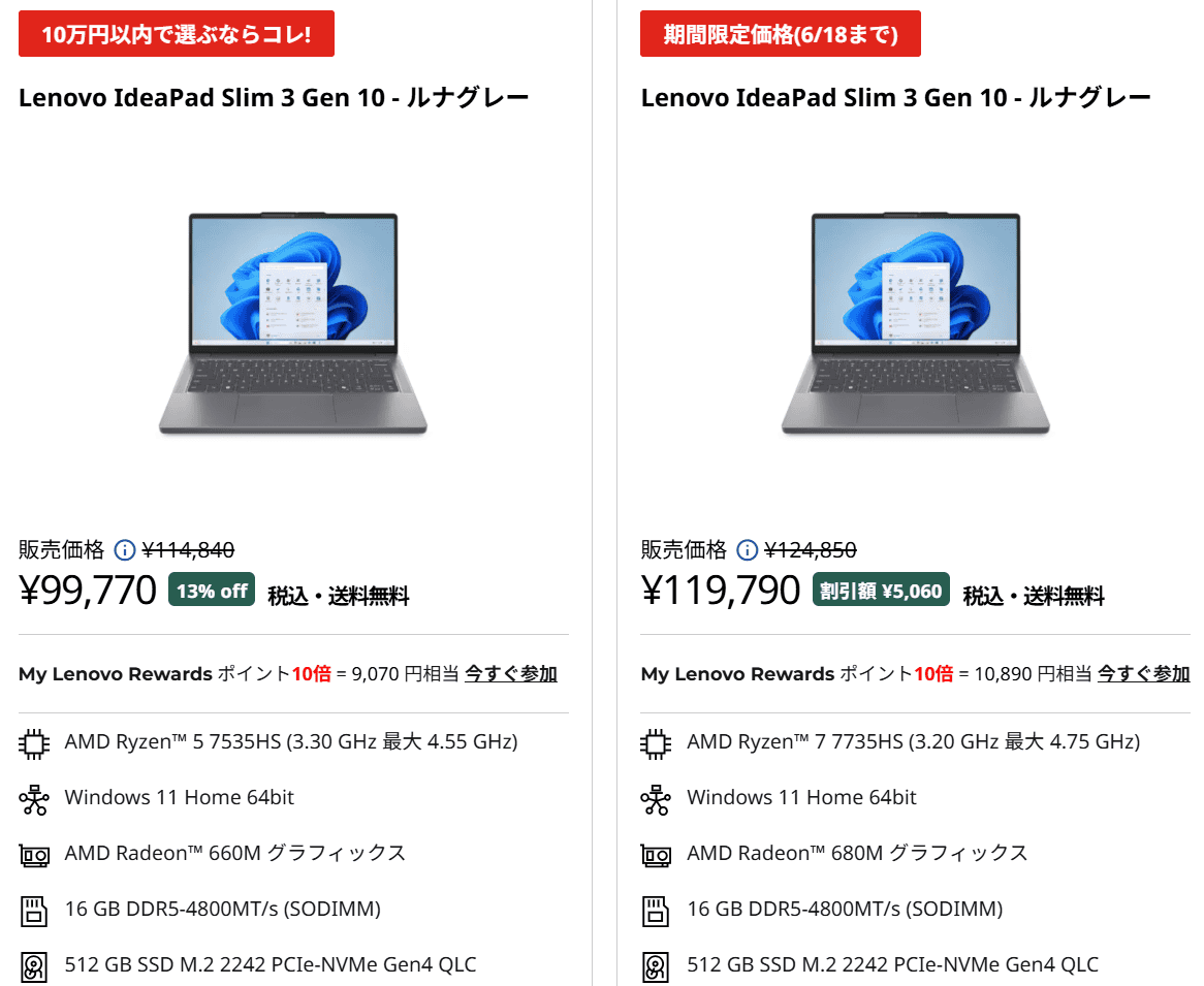 IdeaPad Slim 3 Gen 10 (14型 AMD)セール価格99770円