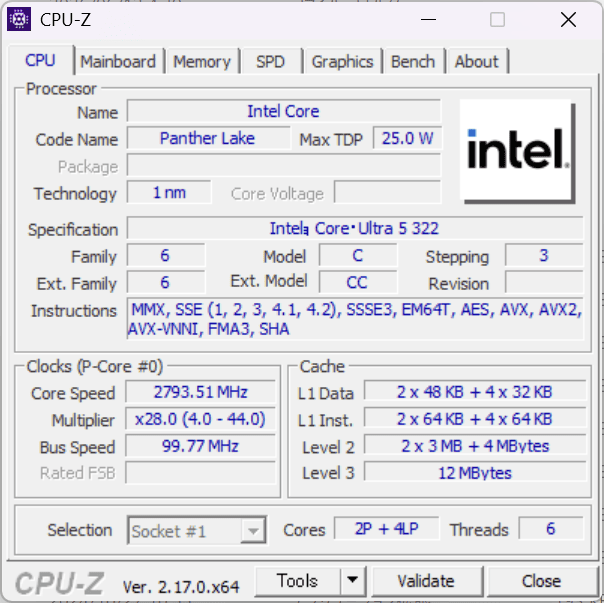 Core Ultra 5 322 CPU-Z