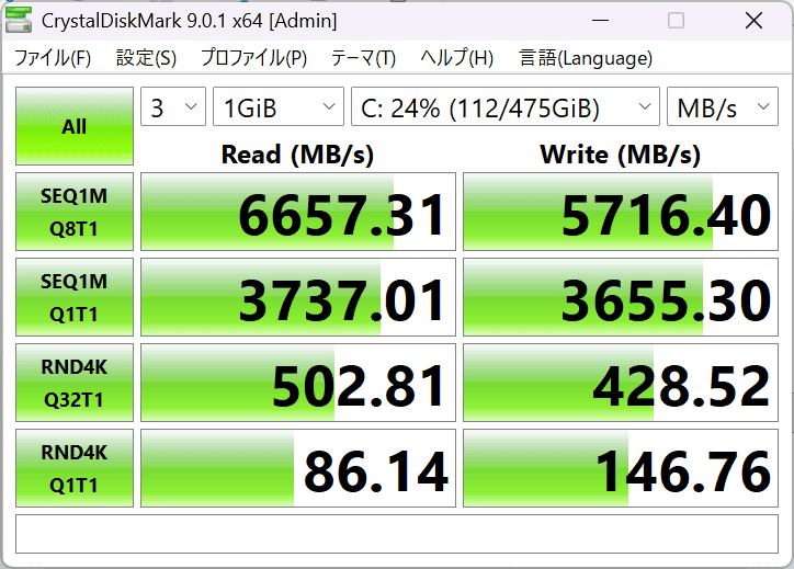 Lenovo IdeaPad 5i 2-in-1 Gen 11 (14型 Intel)シーケンシャル速度計測結果リード（読み込み）が6657MB/秒、ライト（書き込み）が5716MB/秒