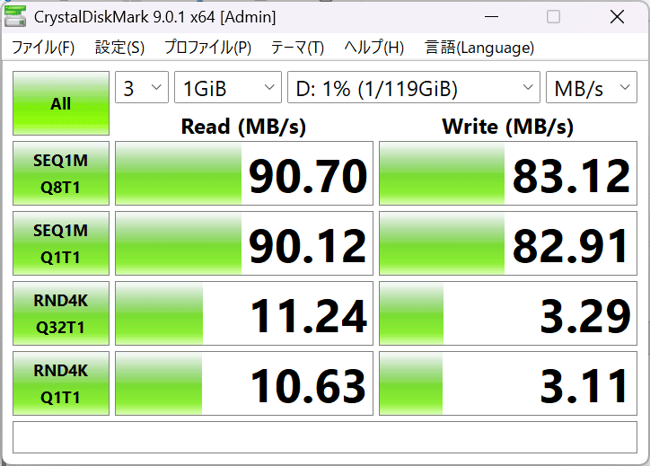 Lenovo IdeaPad 5i 2-in-1 Gen 11 (14型 Intel)　microSDカードリーダーシーケンシャル速度計測結果。リード（読み込み）が90MB/秒、ライト（書き込み）が83MB/秒