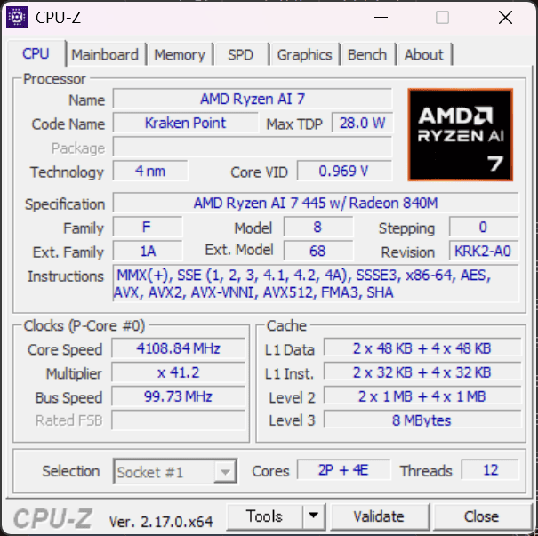 Lenovo IdeaPad Slim 5a Gen 11(14型 AMD)のCPU-Z