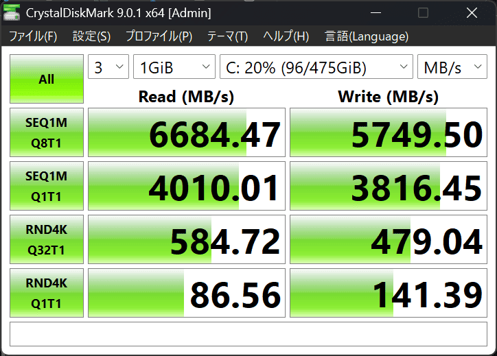 Lenovo IdeaPad Slim 5a Gen 11(14型 AMD)シーケンシャル速度。リード（読み込み）が6684MB/秒、ライト（書き込み）が5749MB/秒