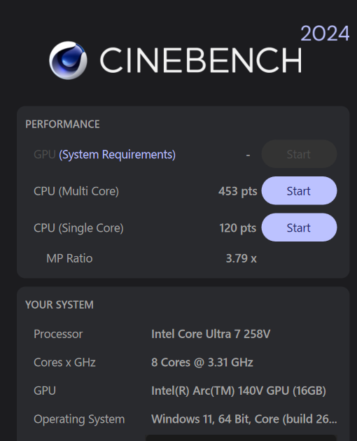 Lenovo ThinkPad E14 Gen 7 ILL(14型 Intel) Cineench 2024計測結果。マルチコア453、シングルコア120