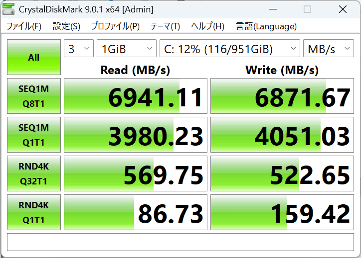 Lenovo ThinkPad E14 Gen 7 ILL(14型 Intel)　シーケンシャル速度。リード6941MB/秒、ライト6871MB/秒