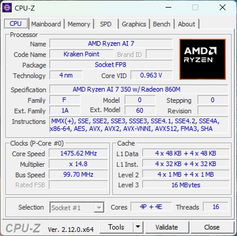 Ryzen AI 7 350 CPU-Z