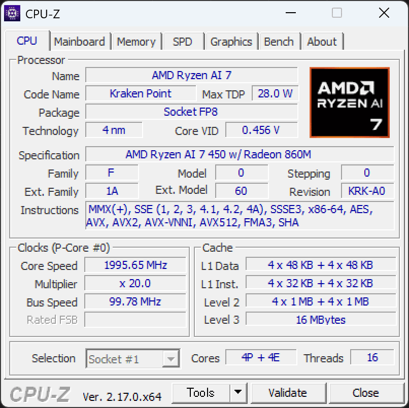 Ryzen AI 7 450 CPU-Z