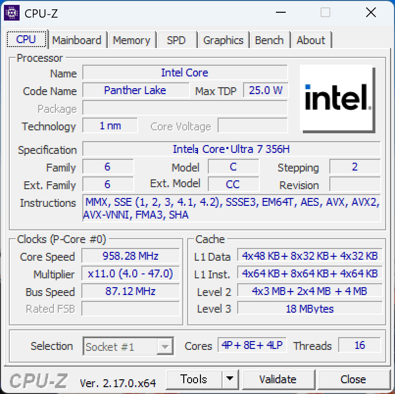 ThinkPad T14s Gen 7 14 Intel Core Ultra 7 356H　CPU-Z