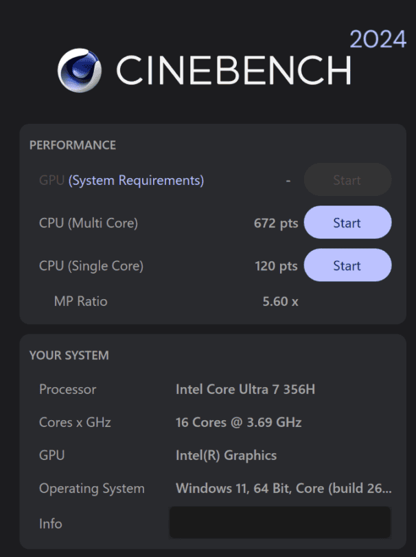 ThinkPad T14s Gen 7 14 Intel Core ultra 7 356H Cinebench 2024計測結果。マルチコア672でミドルクラス、シングルコア120ととても良いスコア